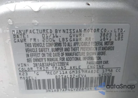 2016 Nissan Sentra Sv from USA, damaged, VIN 3N1AB7AP4GY228914